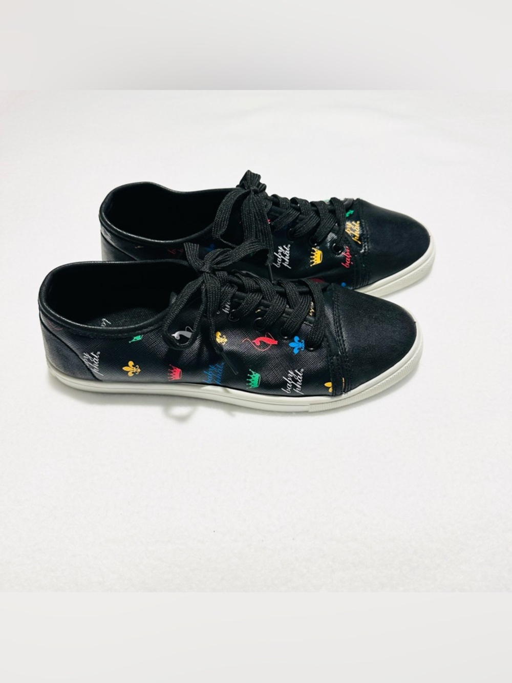 Baby Phat Y2K Black Skater Style Sneakers with Multicolor All Over Logo